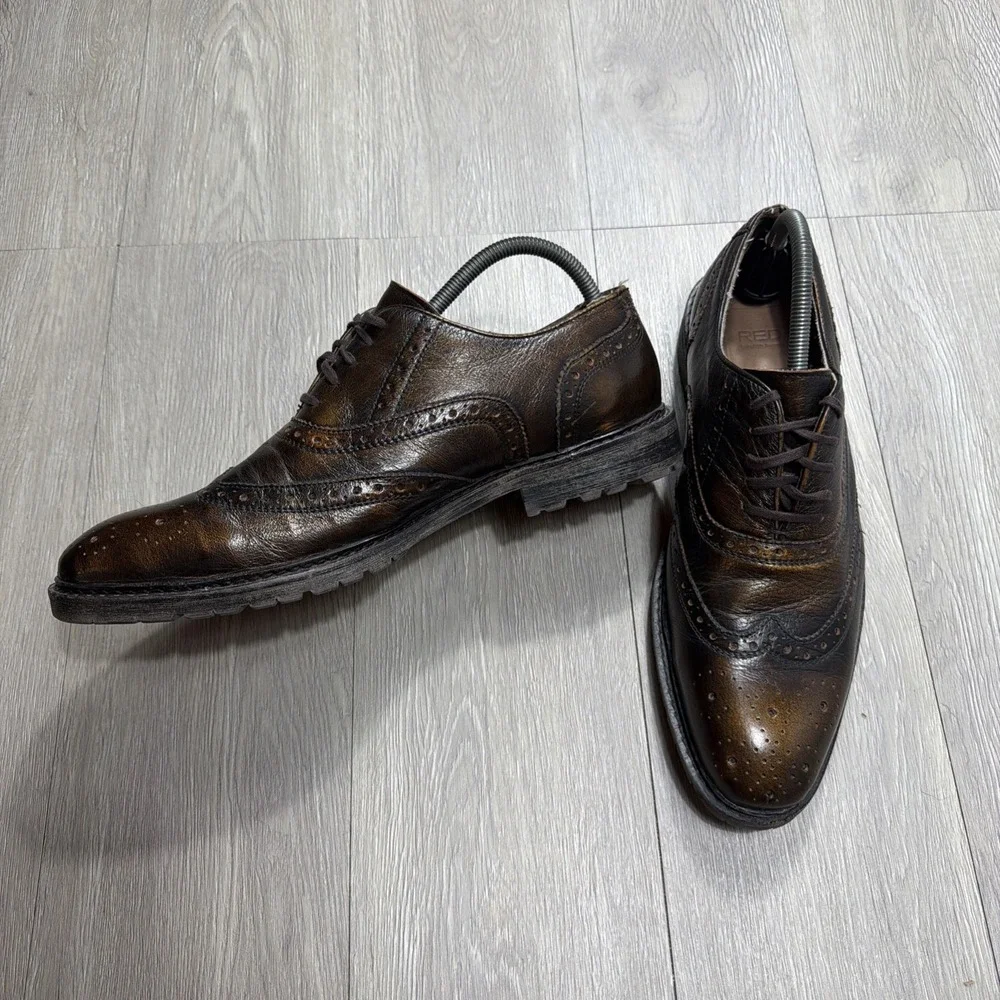 Mens Wingtip Dress Shoes Oxfords Metallic Bronze Unique RED Saks‎ Fifth Ave 10.5
